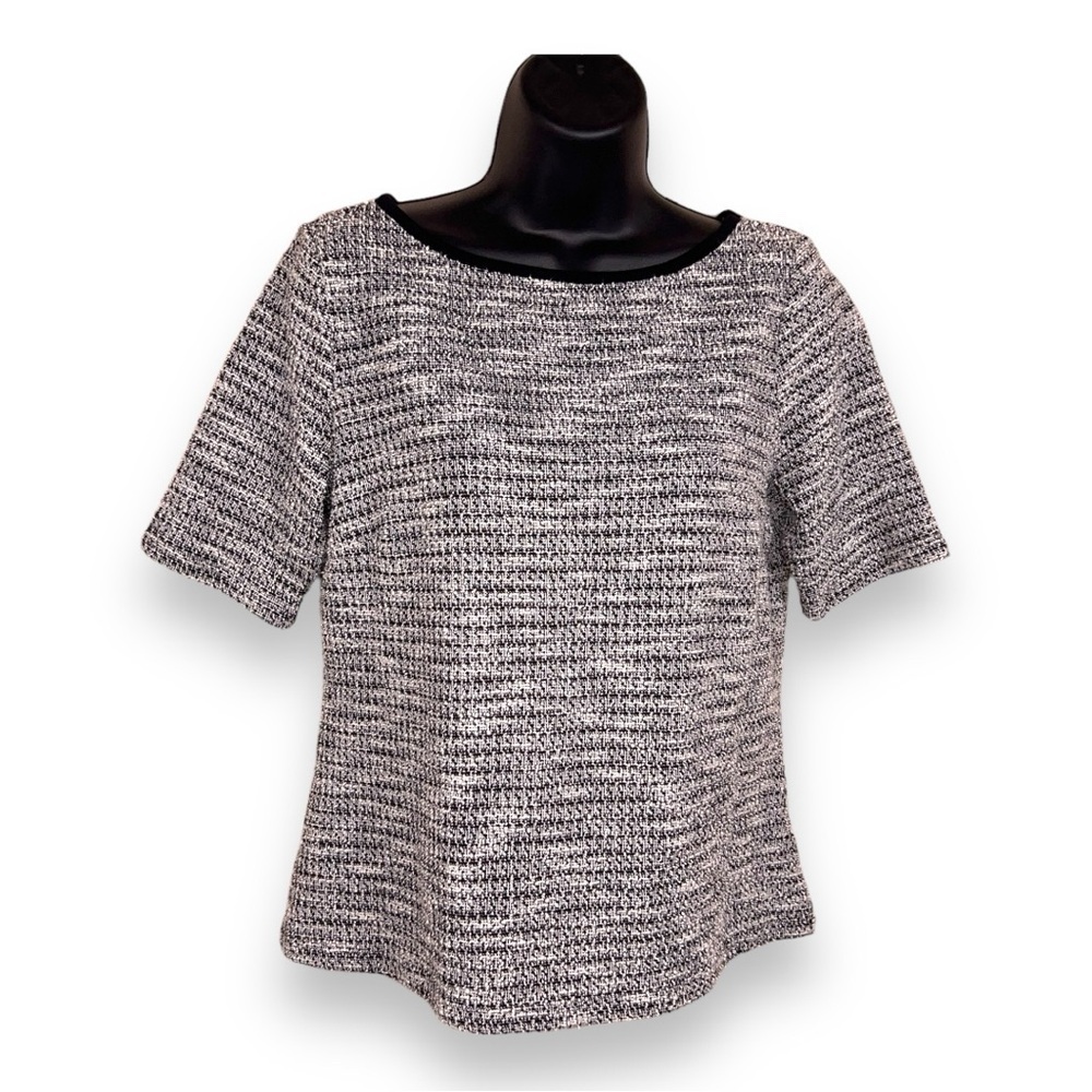 SMALL LIZ CLAIBORNE TWEED SHORT SLEEVE TOP STRETCH BLACK WHITE ACADEMIA PREPPY